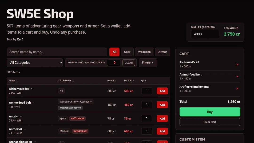The SW5E Shop with three items in the cart